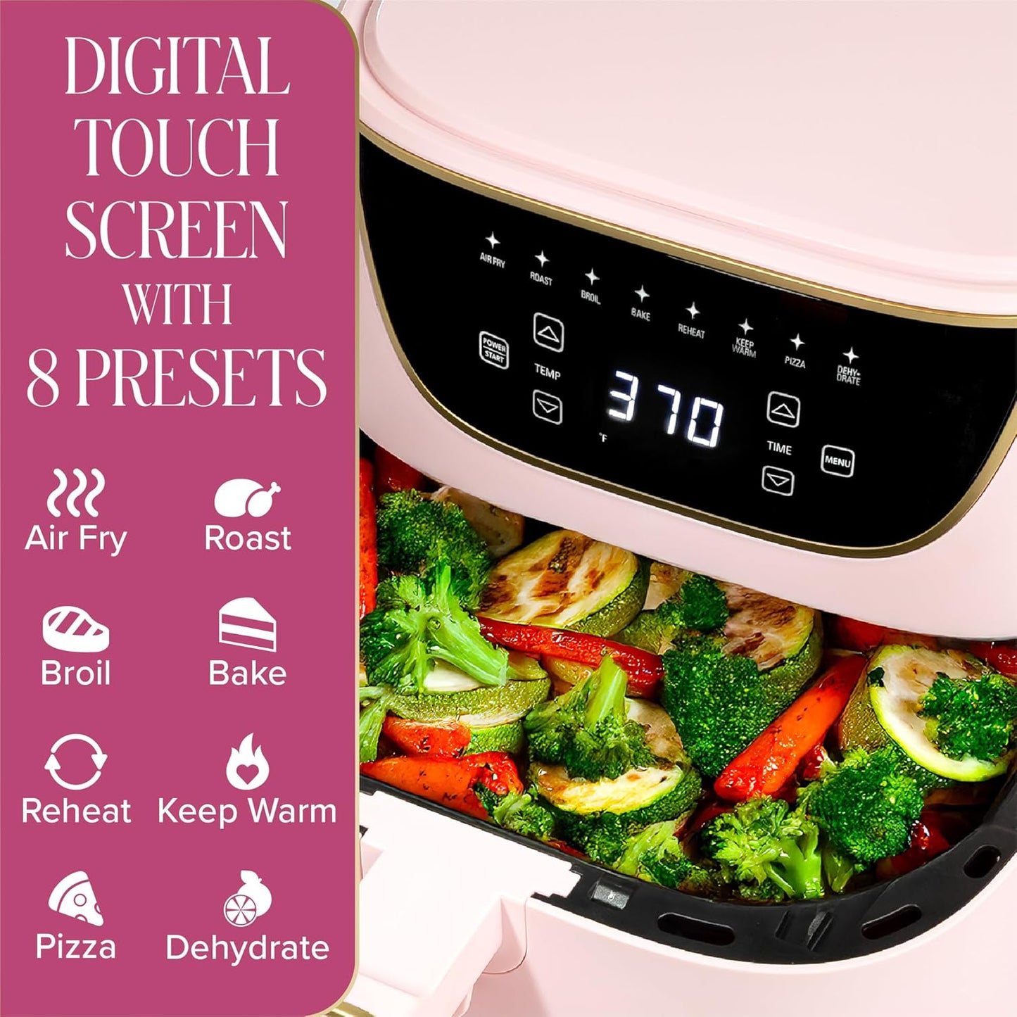 6-Quart Air Fryer, Nonstick Basket Made without PFAS, Touchscreen, 8-In-1 (Fry, Roast, Broil, Bake, Reheat, Keep Warm, Pizza, Dehydrate), Dishwasher Safe Basket and Crisping Tray, Pink