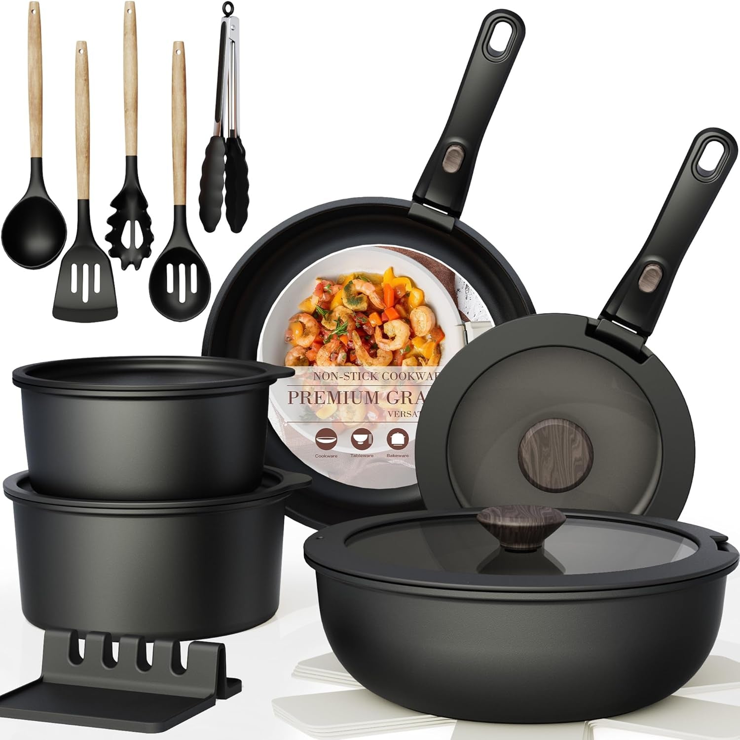 21 Pcs Pots and Pans Set Non Stick, Ceramic Cookware Set Detachable Handle, RV Kitchen Cooking Set Removable Handles, Oven Safe, Induction Ready, Stackable, Black, Fathers Day Gift for Men