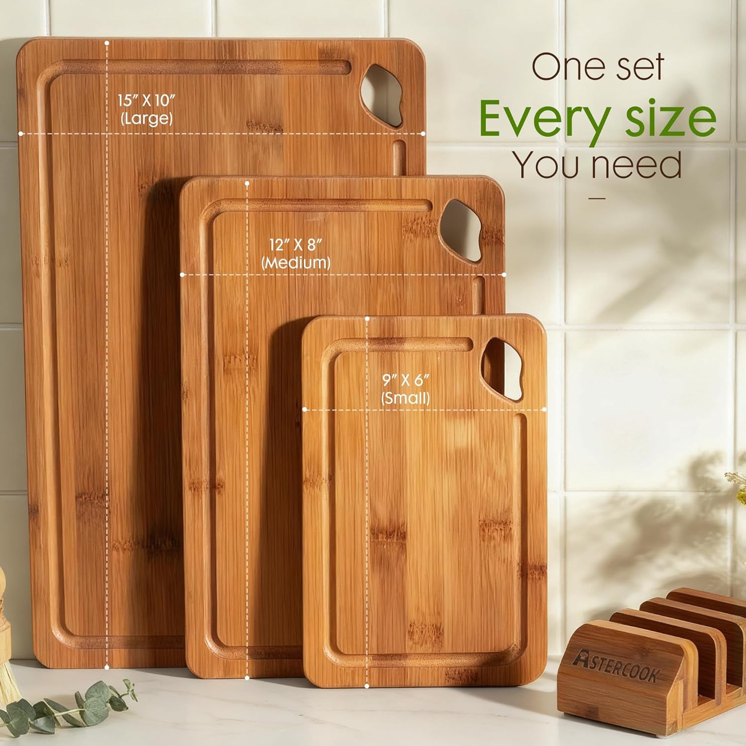 Deep-Carbonized Bamboo Cutting Boards for Kitchen with Wood Storage Stand, Reversible Charcuterie & Chopping Boards with Juice Grooves and Easy-Grip Handles, Fathers Day Gift for Men