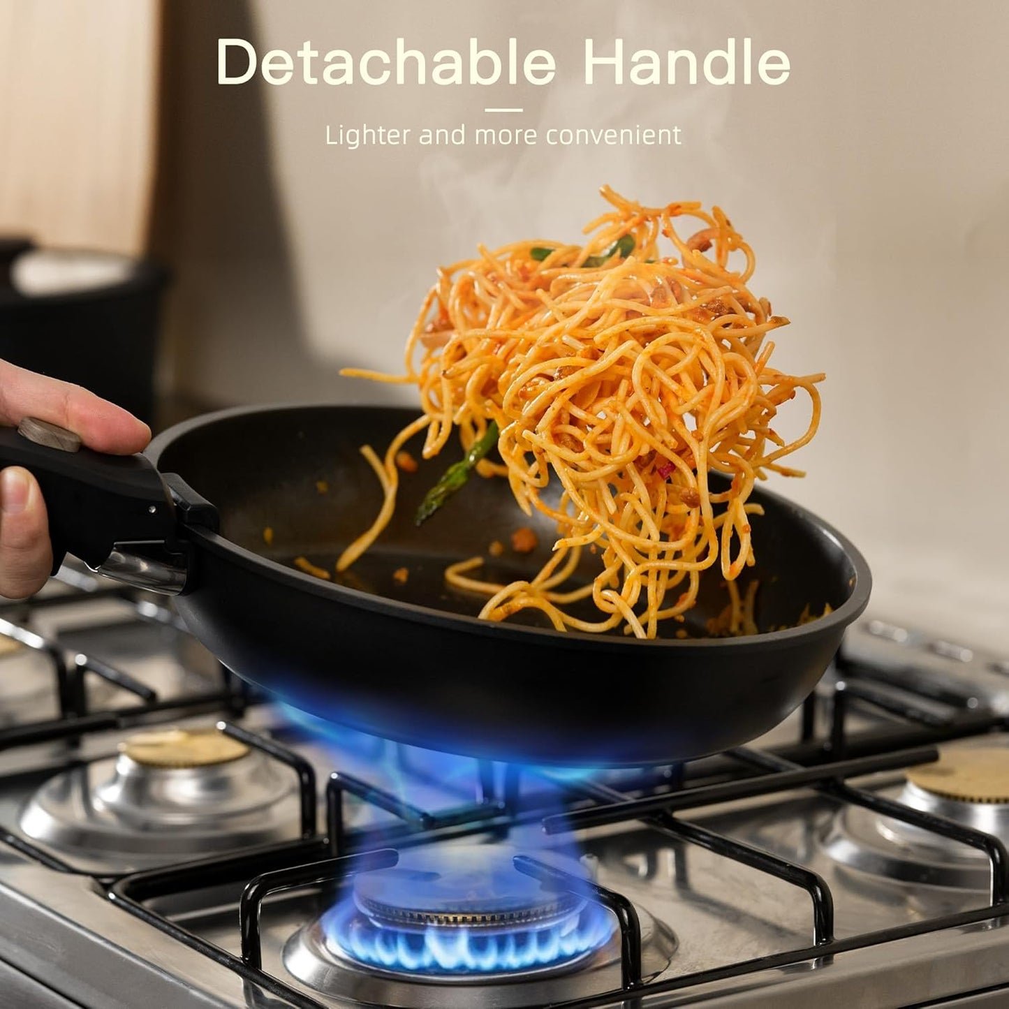 21 Pcs Pots and Pans Set Non Stick, Ceramic Cookware Set Detachable Handle, RV Kitchen Cooking Set Removable Handles, Oven Safe, Induction Ready, Stackable, Black, Fathers Day Gift for Men