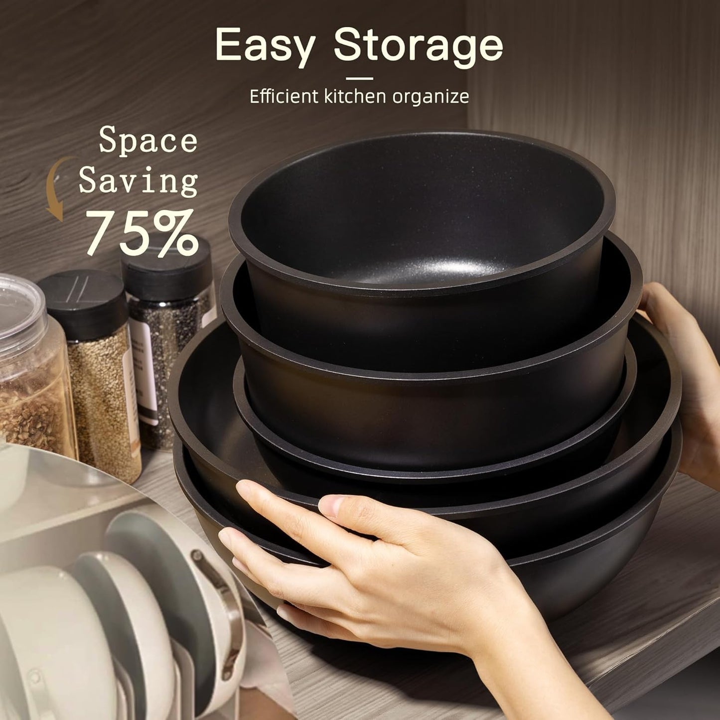 21 Pcs Pots and Pans Set Non Stick, Ceramic Cookware Set Detachable Handle, RV Kitchen Cooking Set Removable Handles, Oven Safe, Induction Ready, Stackable, Black, Fathers Day Gift for Men