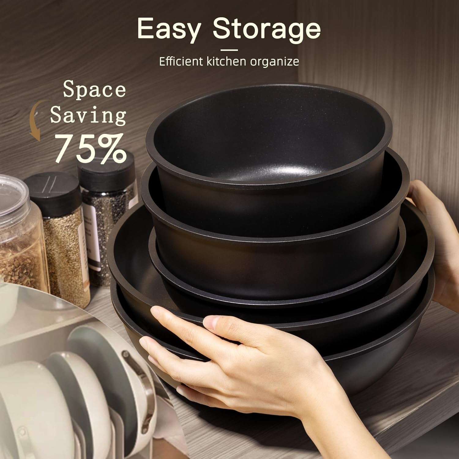 21 Pcs Pots and Pans Set Non Stick, Ceramic Cookware Set Detachable Handle, RV Kitchen Cooking Set Removable Handles, Oven Safe, Induction Ready, Stackable, Black, Fathers Day Gift for Men