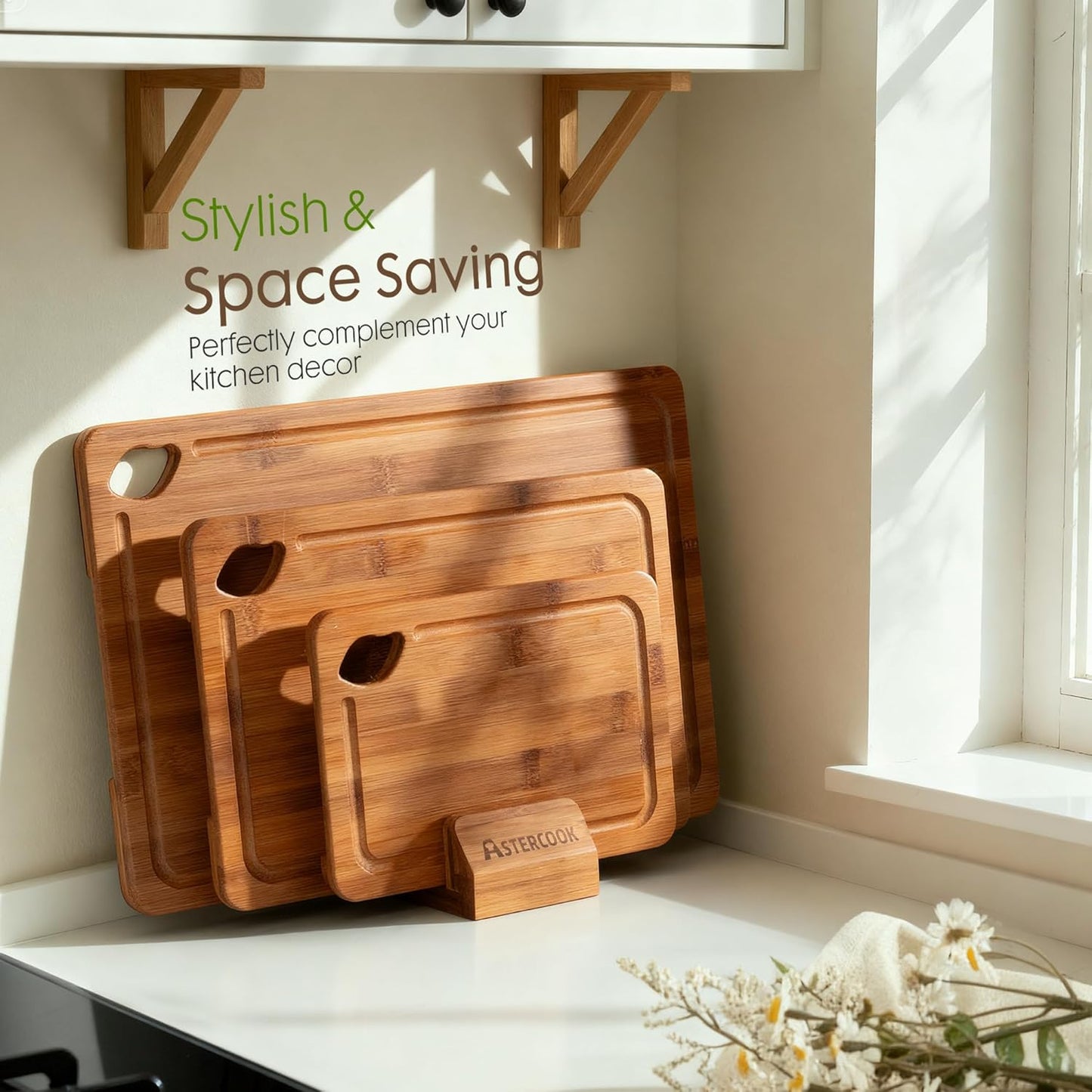 Deep-Carbonized Bamboo Cutting Boards for Kitchen with Wood Storage Stand, Reversible Charcuterie & Chopping Boards with Juice Grooves and Easy-Grip Handles, Fathers Day Gift for Men