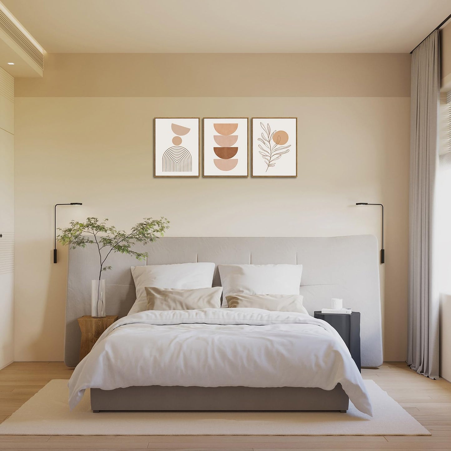 Framed Boho Canvas Wall Art Mid Century Modern Prints Set of 3 Neutral Geometric Line Leaf Paintings Decor Minimalist Abstract Pictures Bedroom Living Room Bathroom