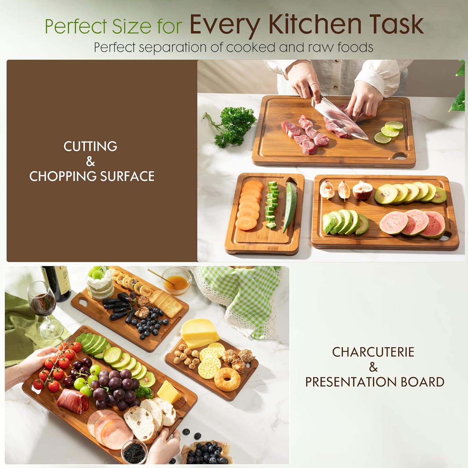 Deep-Carbonized Bamboo Cutting Boards for Kitchen with Wood Storage Stand, Reversible Charcuterie & Chopping Boards with Juice Grooves and Easy-Grip Handles, Fathers Day Gift for Men