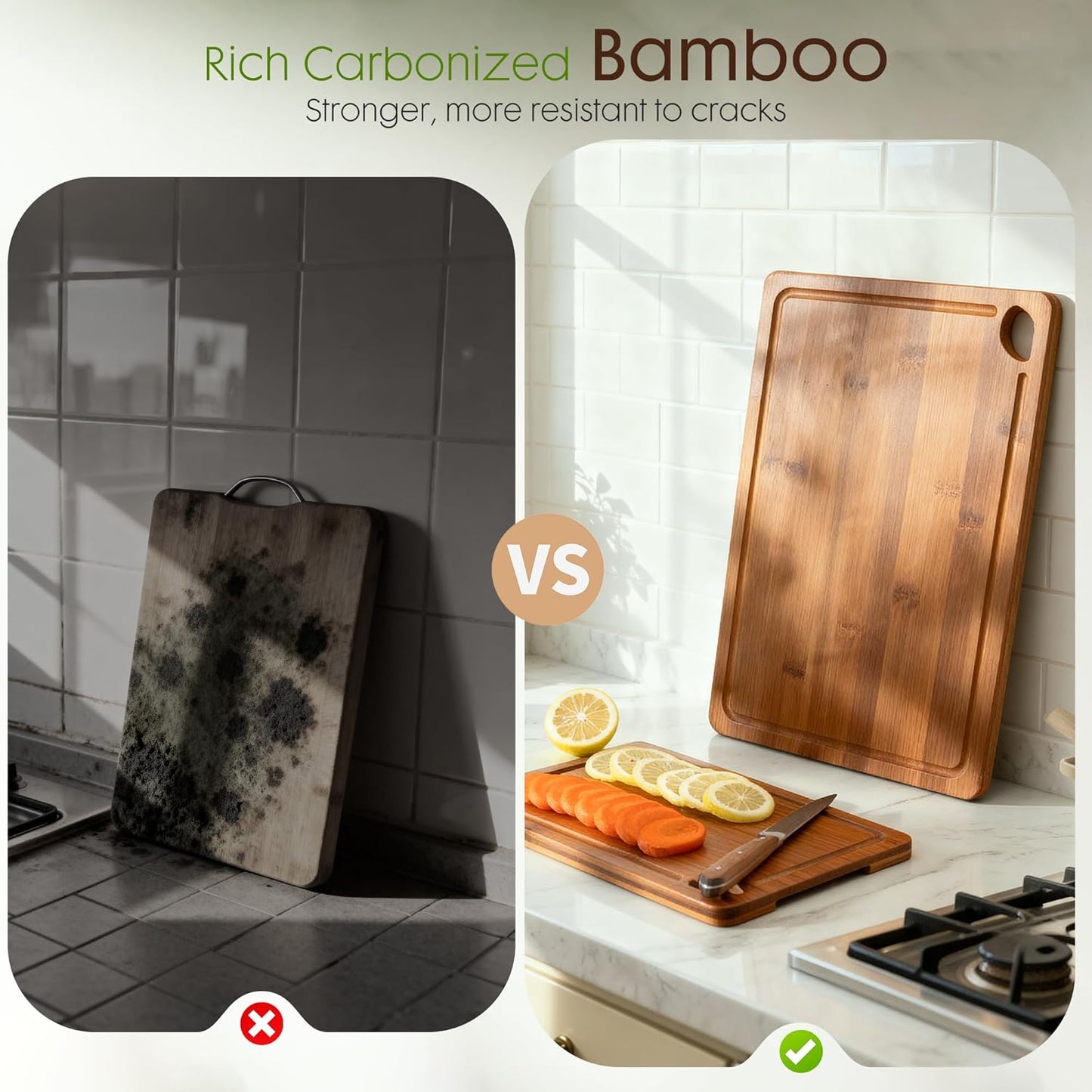 Deep-Carbonized Bamboo Cutting Boards for Kitchen with Wood Storage Stand, Reversible Charcuterie & Chopping Boards with Juice Grooves and Easy-Grip Handles, Fathers Day Gift for Men