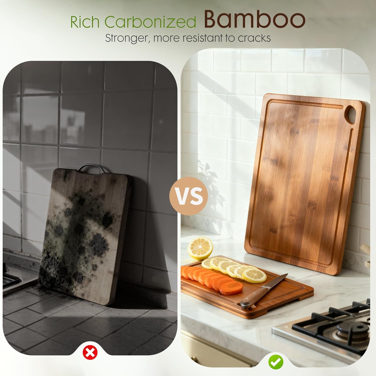 Deep-Carbonized Bamboo Cutting Boards for Kitchen with Wood Storage Stand, Reversible Charcuterie & Chopping Boards with Juice Grooves and Easy-Grip Handles, Fathers Day Gift for Men