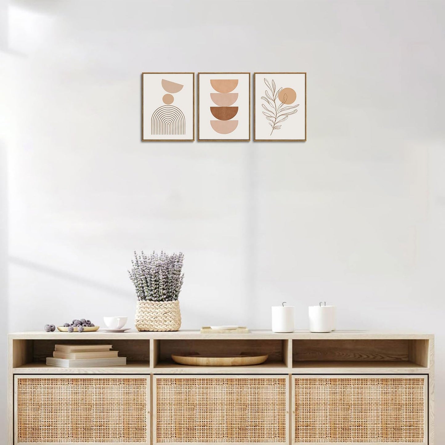 Framed Boho Canvas Wall Art Mid Century Modern Prints Set of 3 Neutral Geometric Line Leaf Paintings Decor Minimalist Abstract Pictures Bedroom Living Room Bathroom