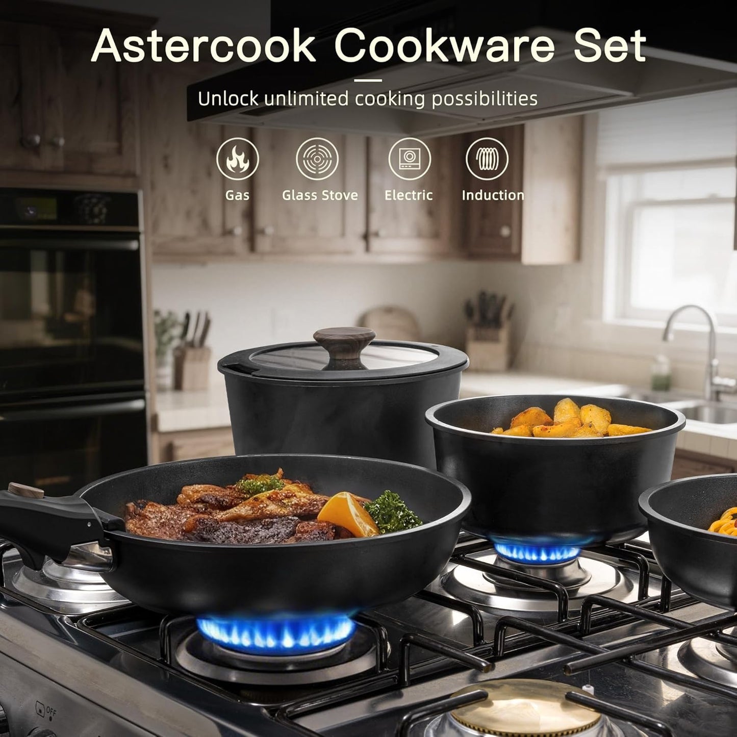 21 Pcs Pots and Pans Set Non Stick, Ceramic Cookware Set Detachable Handle, RV Kitchen Cooking Set Removable Handles, Oven Safe, Induction Ready, Stackable, Black, Fathers Day Gift for Men