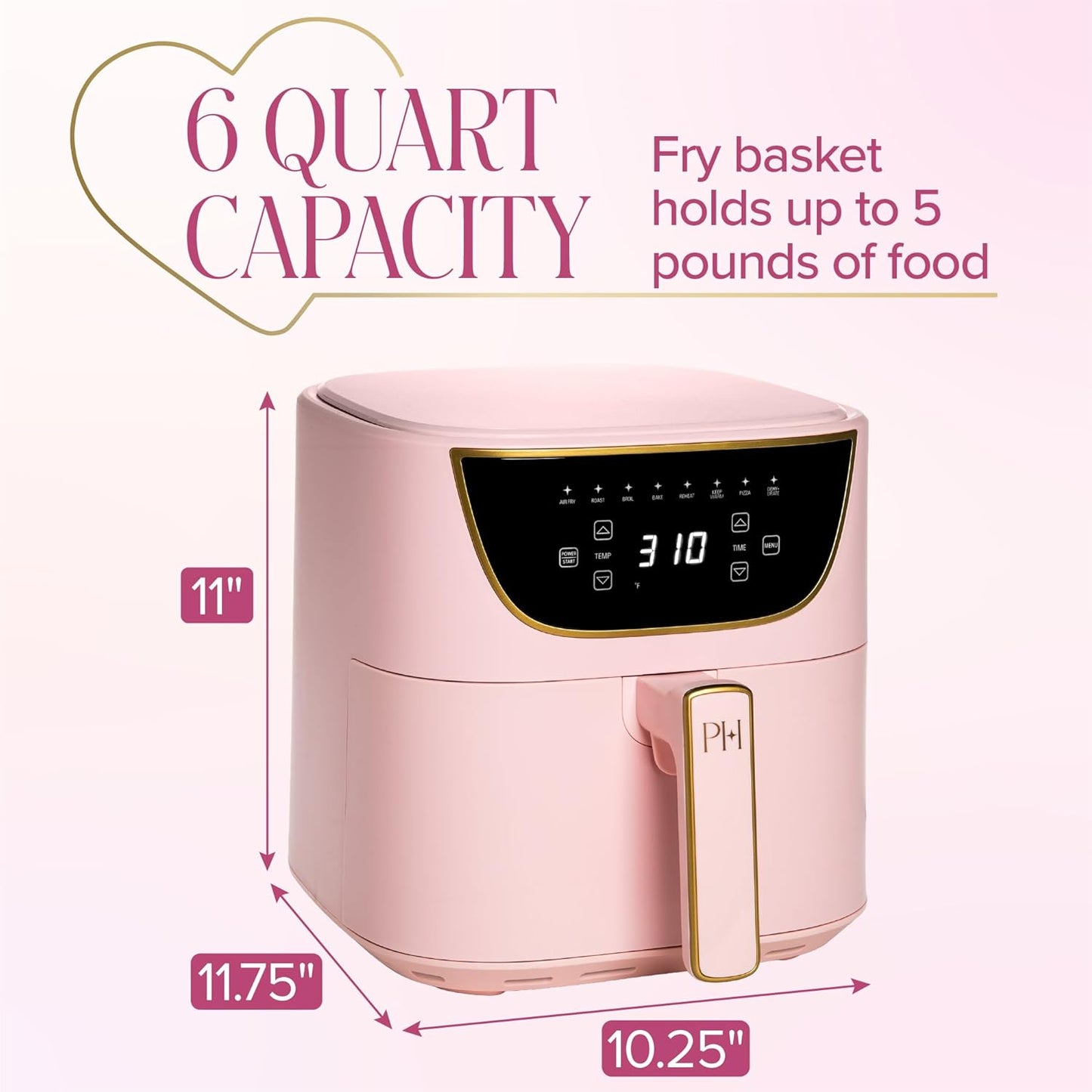 6-Quart Air Fryer, Nonstick Basket Made without PFAS, Touchscreen, 8-In-1 (Fry, Roast, Broil, Bake, Reheat, Keep Warm, Pizza, Dehydrate), Dishwasher Safe Basket and Crisping Tray, Pink