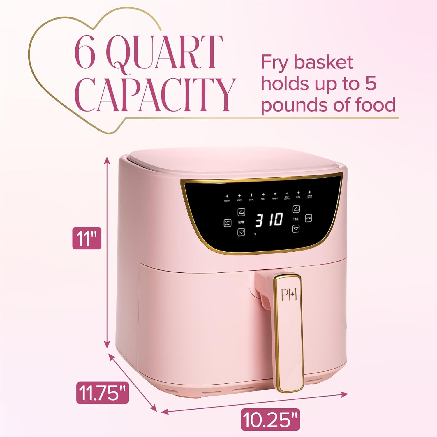 6-Quart Air Fryer, Nonstick Basket Made without PFAS, Touchscreen, 8-In-1 (Fry, Roast, Broil, Bake, Reheat, Keep Warm, Pizza, Dehydrate), Dishwasher Safe Basket and Crisping Tray, Pink