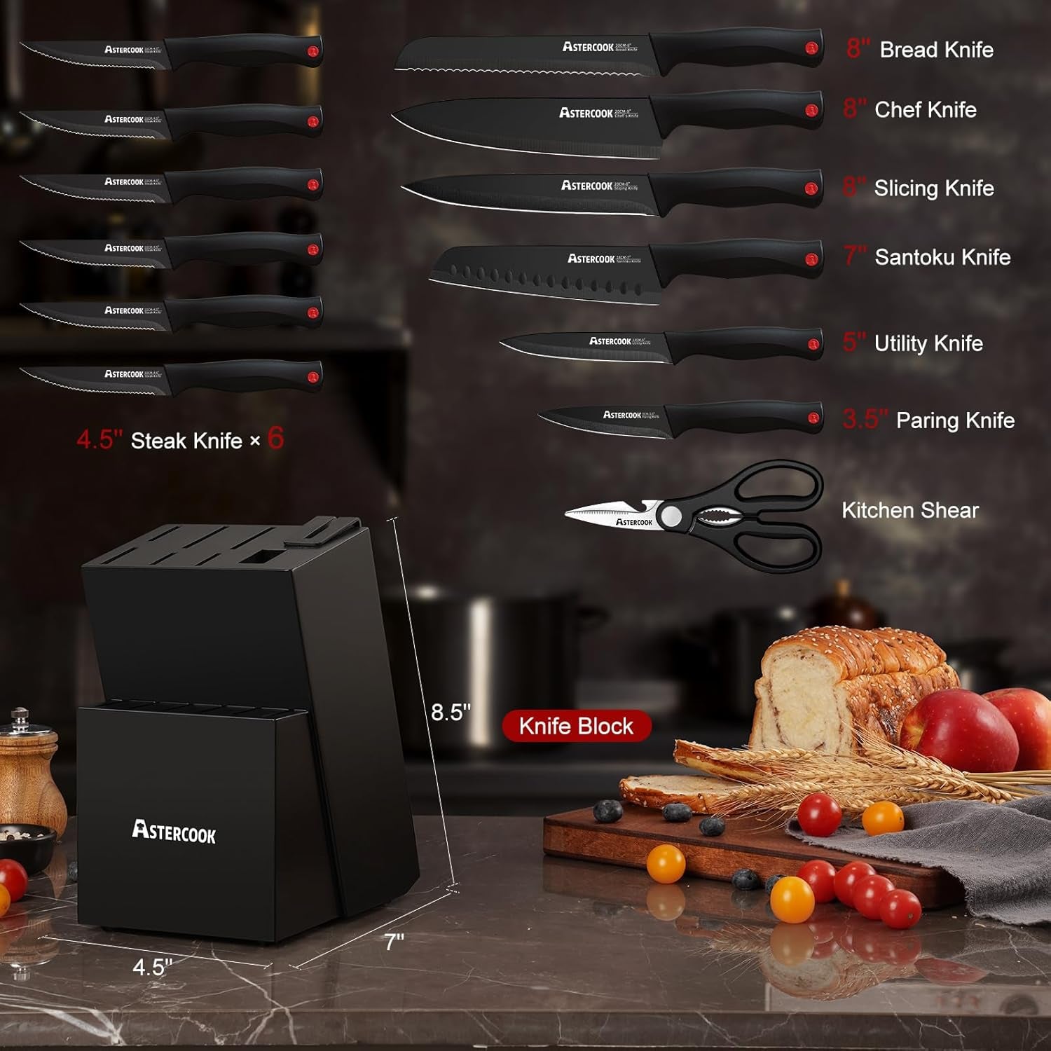 Knife Set,  15 Pieces Knife Sets for Kitchen with Block, Dishwasher Safe Kitchen Knife Set with Built in Sharpener Block, German Stainless Steel Kitchen Utensils Set