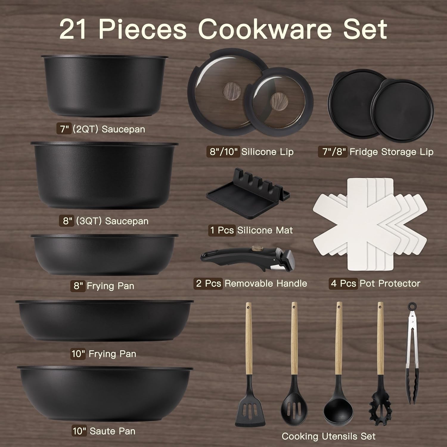 21 Pcs Pots and Pans Set Non Stick, Ceramic Cookware Set Detachable Handle, RV Kitchen Cooking Set Removable Handles, Oven Safe, Induction Ready, Stackable, Black, Fathers Day Gift for Men