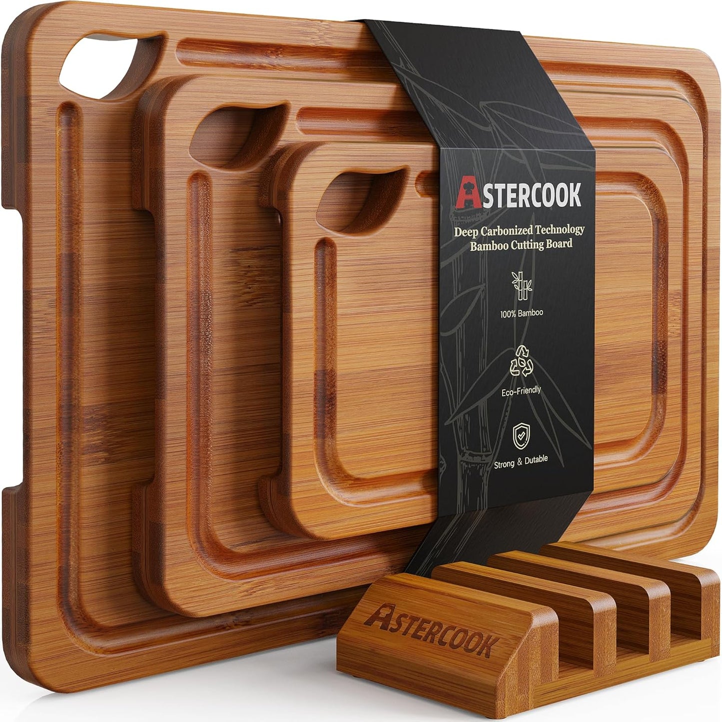 Deep-Carbonized Bamboo Cutting Boards for Kitchen with Wood Storage Stand, Reversible Charcuterie & Chopping Boards with Juice Grooves and Easy-Grip Handles, Fathers Day Gift for Men