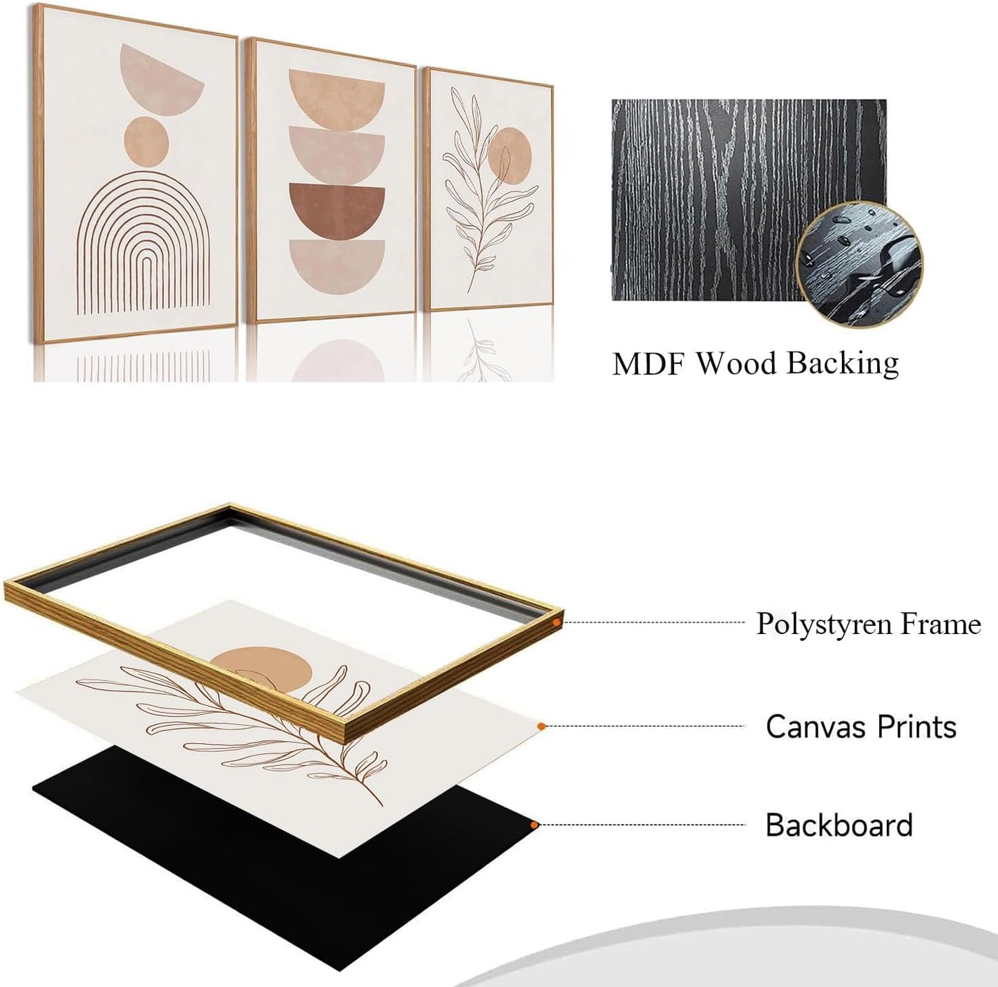 Framed Boho Canvas Wall Art Mid Century Modern Prints Set of 3 Neutral Geometric Line Leaf Paintings Decor Minimalist Abstract Pictures Bedroom Living Room Bathroom